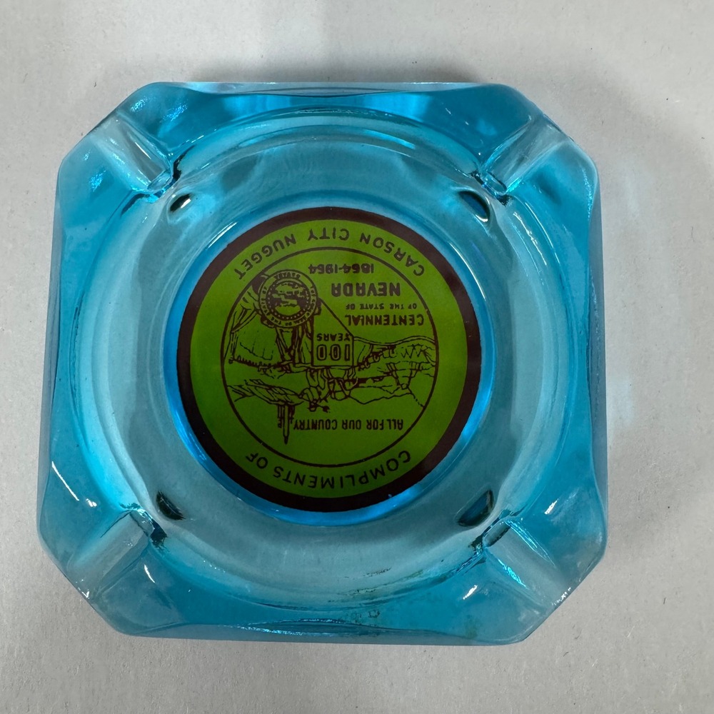 Vintage Carson‎ City Nugget Nevada Centennial 1864-1964 Blue Glass Ashtray